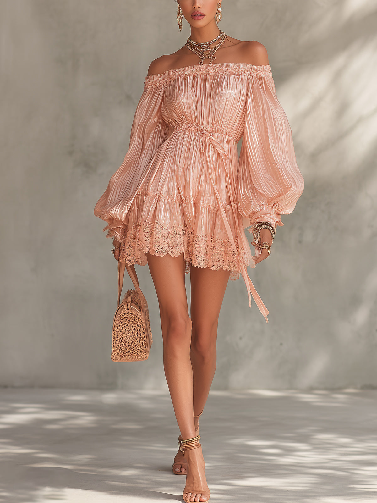 Pink Off-Shoulder Pleated Mini Dress With Lace Hem