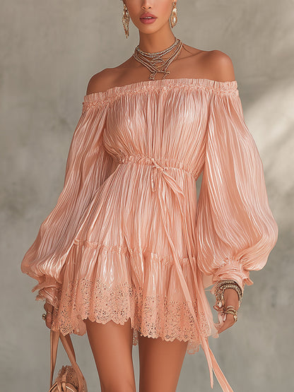 Pink Off-Shoulder Pleated Mini Dress With Lace Hem