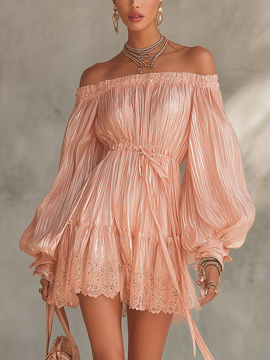 Pink Off-Shoulder Pleated Mini Dress With Lace Hem