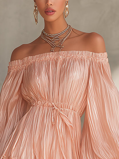 Pink Off-Shoulder Pleated Mini Dress With Lace Hem
