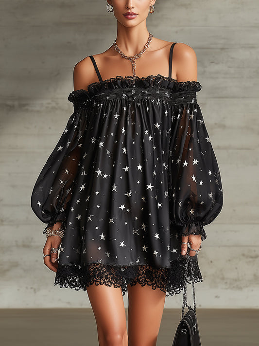 Black Off-Shoulder Sheer Star Print Mini Dress With Lace Hem