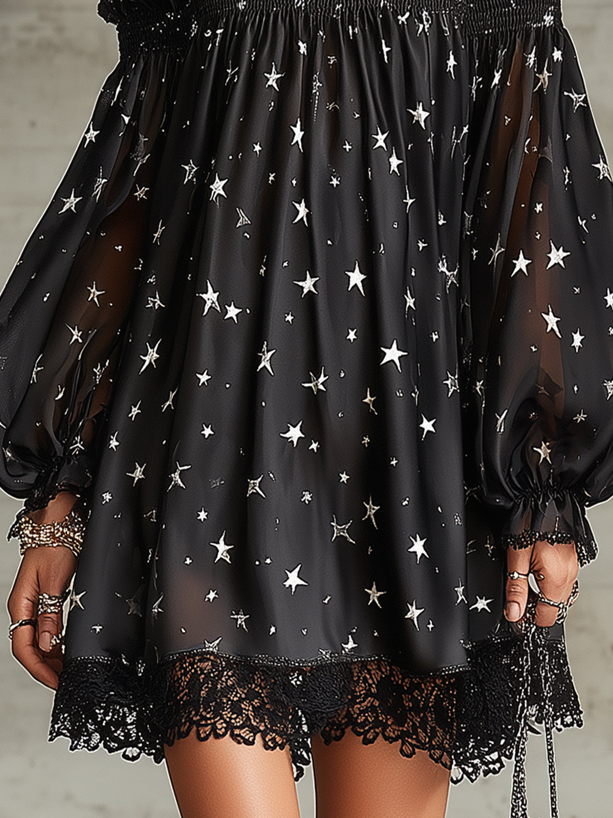 Black Off-Shoulder Sheer Star Print Mini Dress With Lace Hem