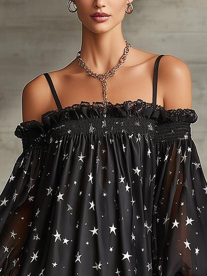 Black Off-Shoulder Sheer Star Print Mini Dress With Lace Hem