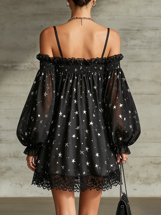 Black Off-Shoulder Sheer Star Print Mini Dress With Lace Hem
