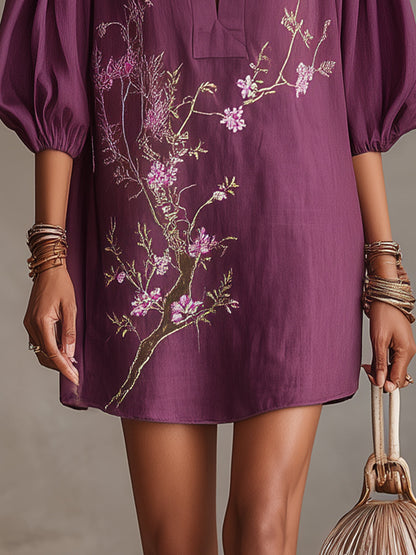 Purple Deep V-Neck Mini Dress With Floral Embroidery And Balloon Sleeves
