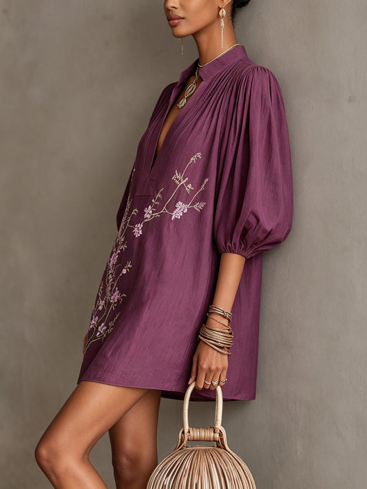 Purple Deep V-Neck Mini Dress With Floral Embroidery And Balloon Sleeves