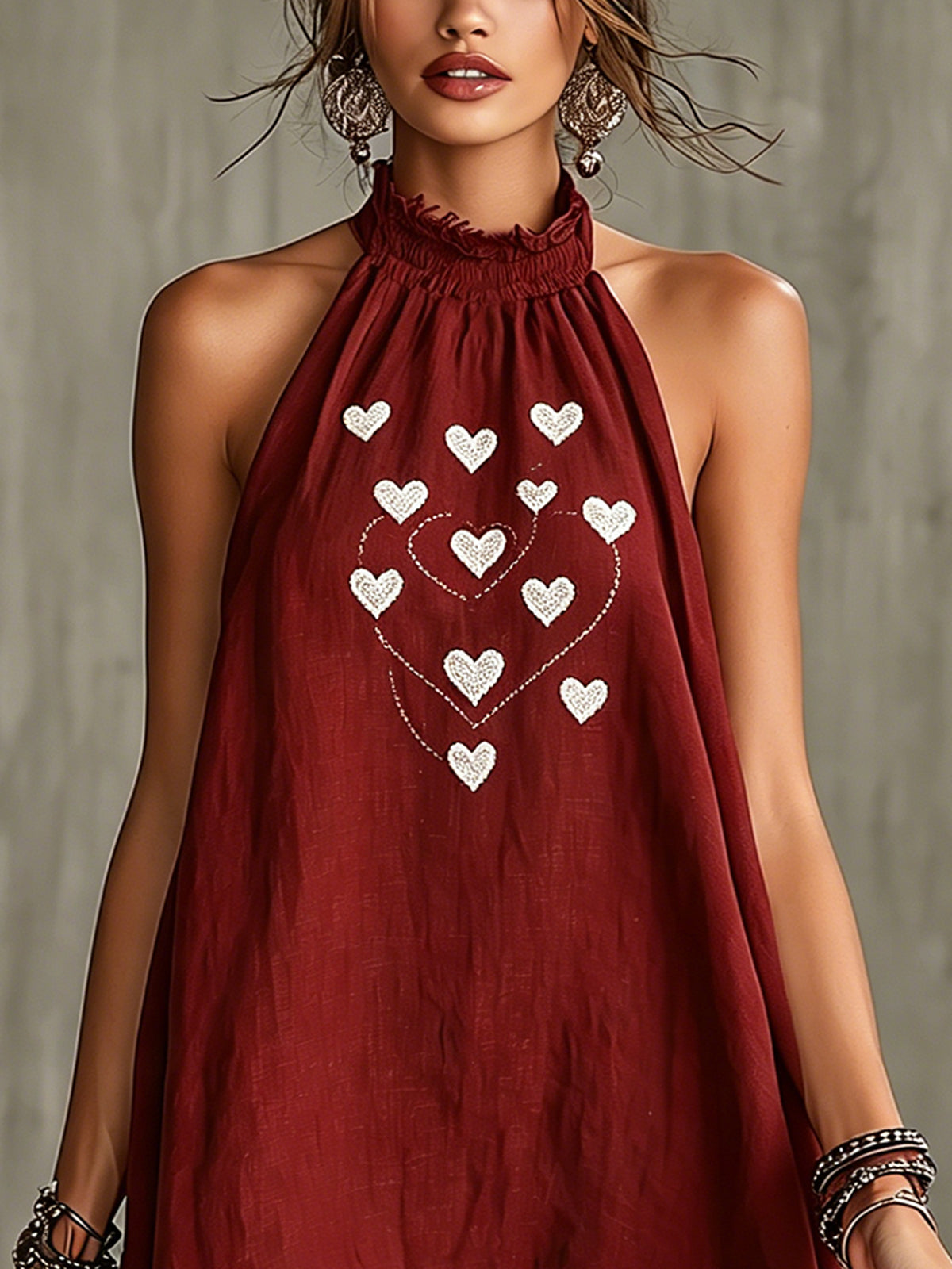 Wine Red Halter Mini Dress With Embroidered Heart Detail