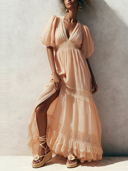 Pink Short Sleeve Ruched Chiffon Maxi Dress