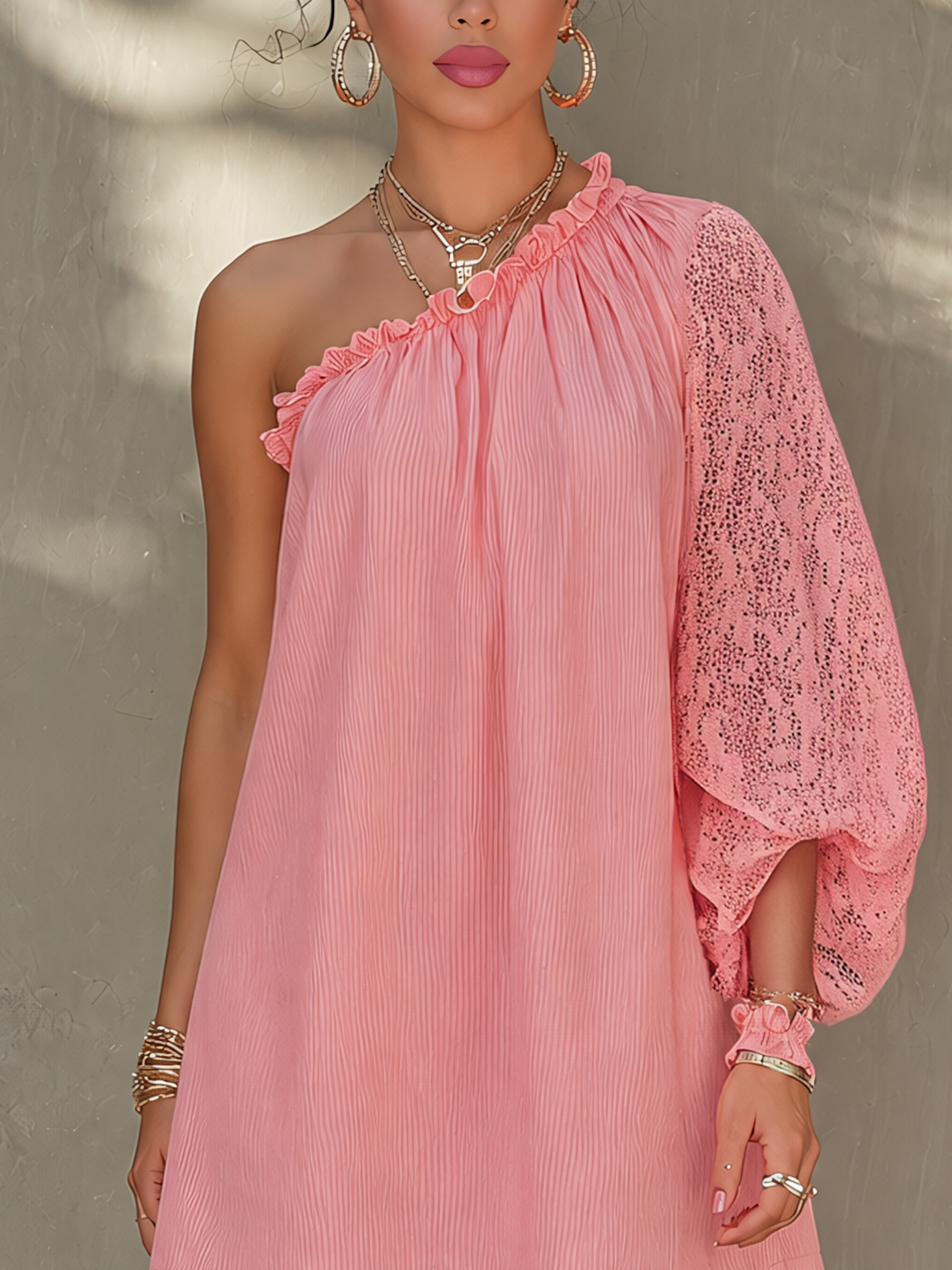 Pink One Shoulder Lace Sleeve Mini Dress
