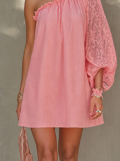Pink One Shoulder Lace Sleeve Mini Dress