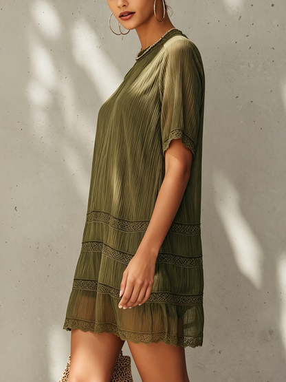 Olive Green Chiffon Lace Panel Mini Dress