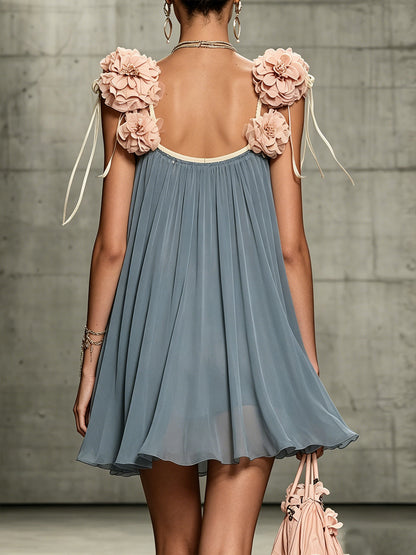 Gray Chiffon Mini Dress With 3D Floral Shoulder Accents