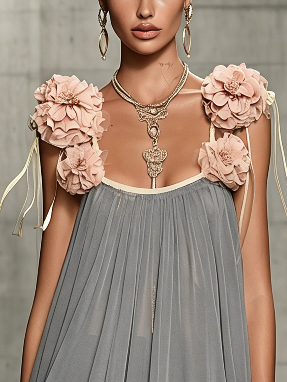 Gray Chiffon Mini Dress With 3D Floral Shoulder Accents
