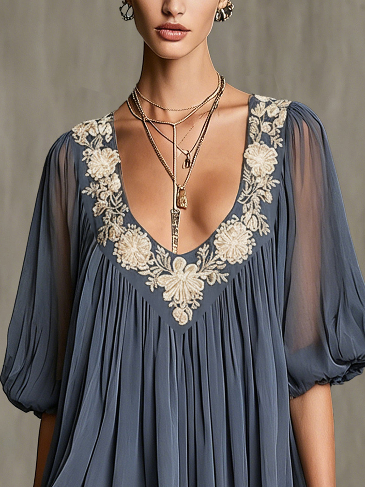 Blue Chiffon Mini Dress With Embroidered Floral Neckline
