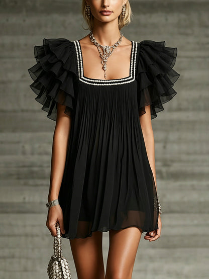 Black Ruffled Chiffon Mini Dress With Pearl-Trimmed Square Neck
