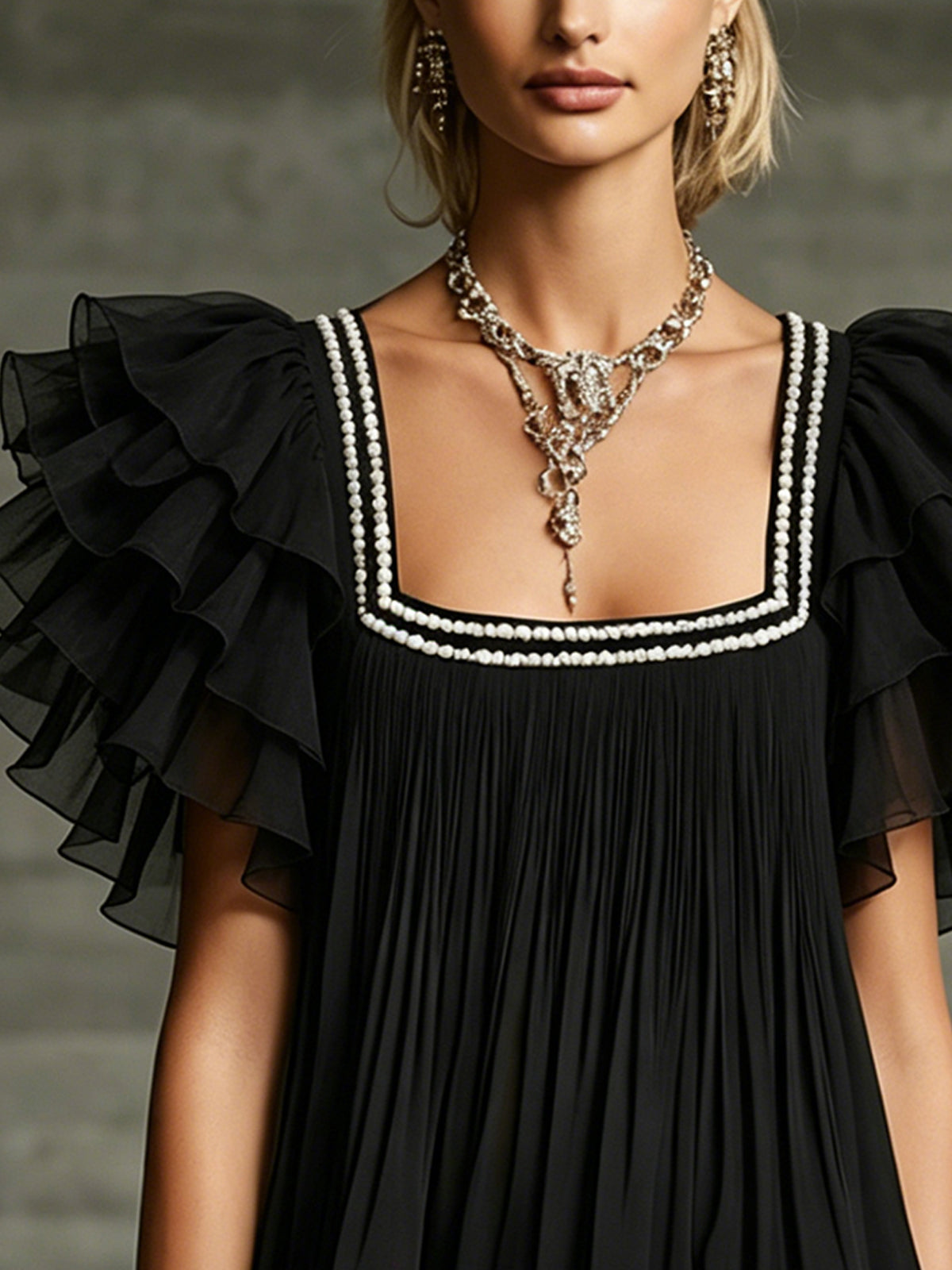 Black Ruffled Chiffon Mini Dress With Pearl-Trimmed Square Neck