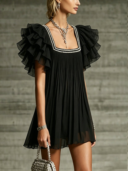 Black Ruffled Chiffon Mini Dress With Pearl-Trimmed Square Neck