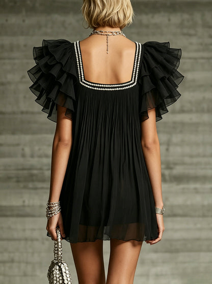 Black Ruffled Chiffon Mini Dress With Pearl-Trimmed Square Neck