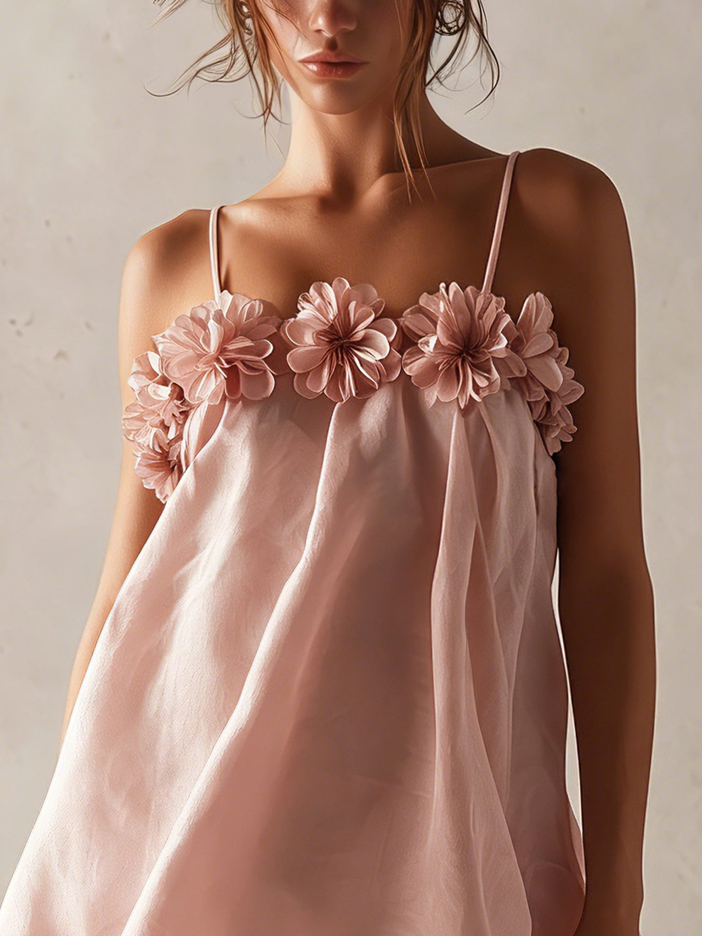 Pink Organza  Mini Dress With 3D Floral