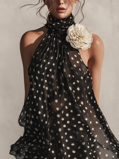 Black Polka Dot Chiffon Mini Dress With  3D Flower