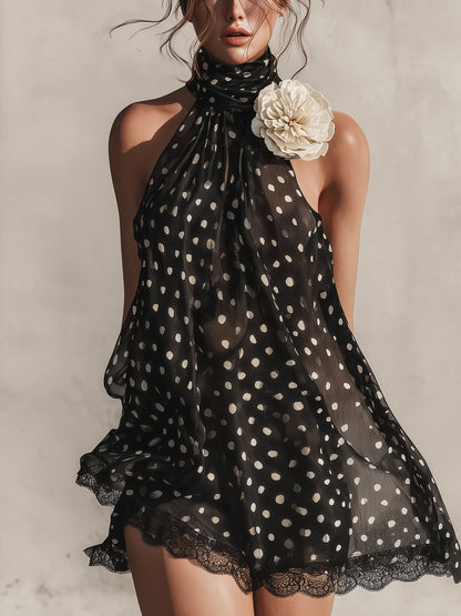 Black Polka Dot Chiffon Mini Dress With  3D Flower