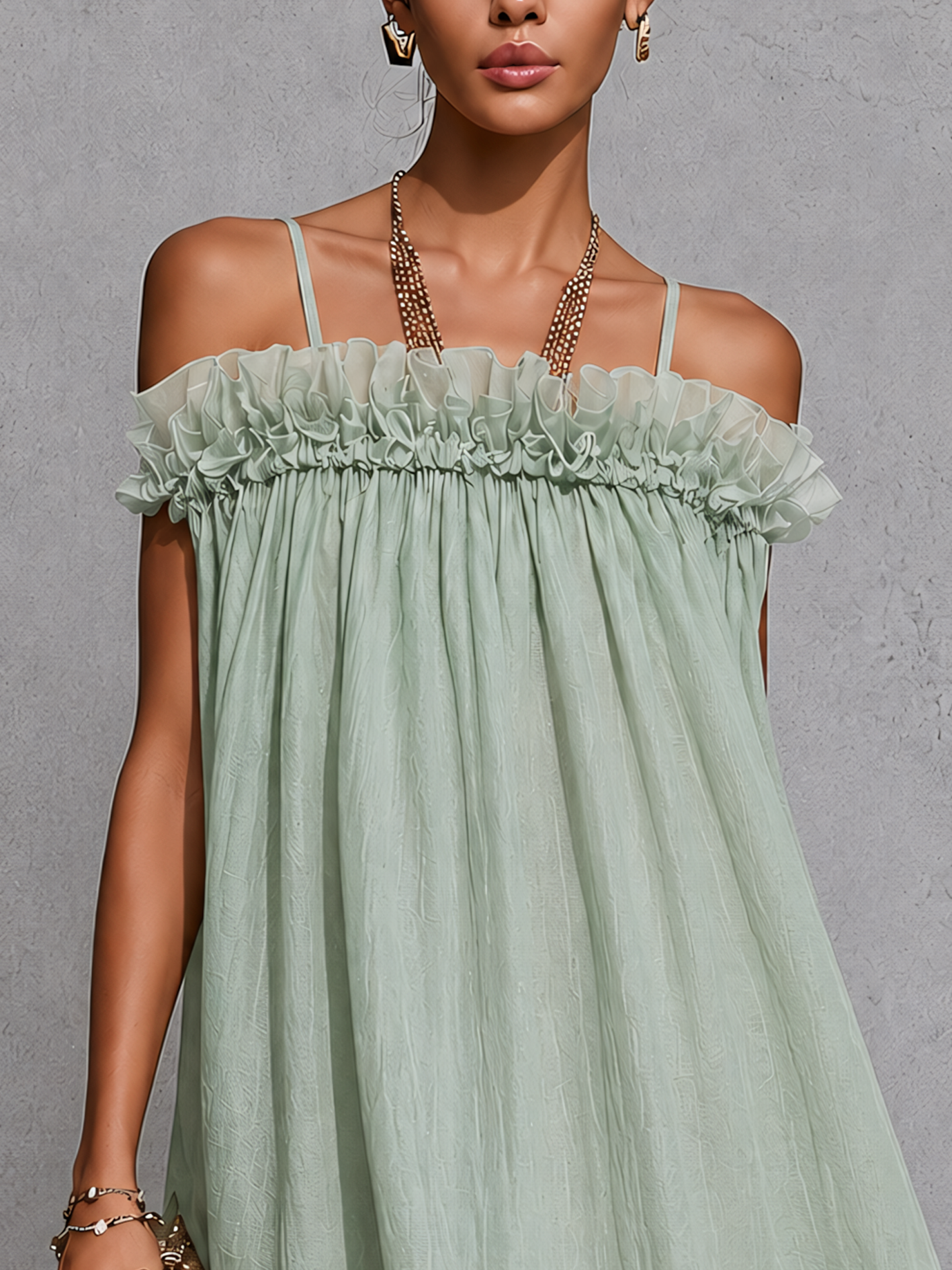 Mint Green Textured Ruffle Trim Spaghetti Strap Mini Dress