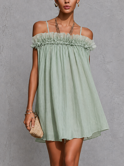 Mint Green Textured Ruffle Trim Spaghetti Strap Mini Dress