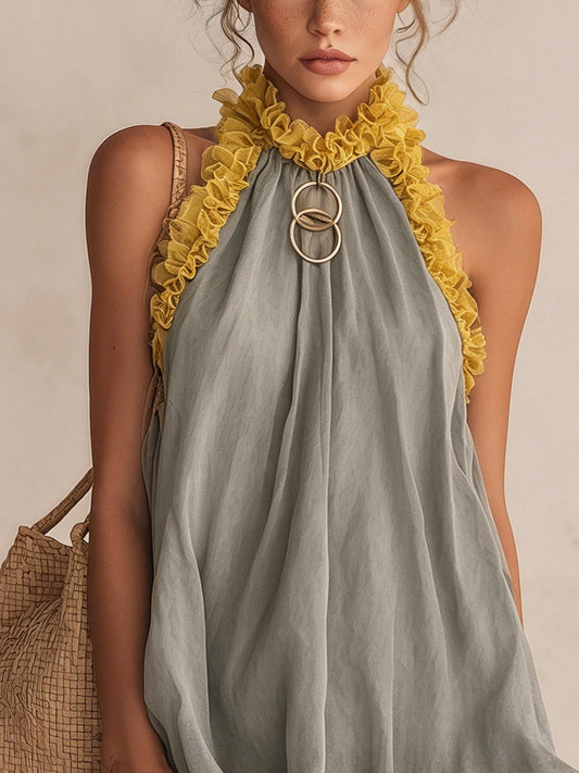 Gray Linen Mini Dress With Yellow Ruffle Trim