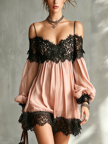 Green Off-Shoulder Chiffon Mini Dress With Black Lace Trim