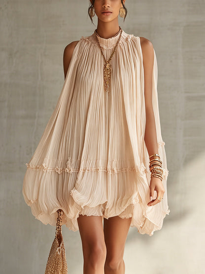 Pink Pleated Chiffon Mini Dress With Ruffled Hem