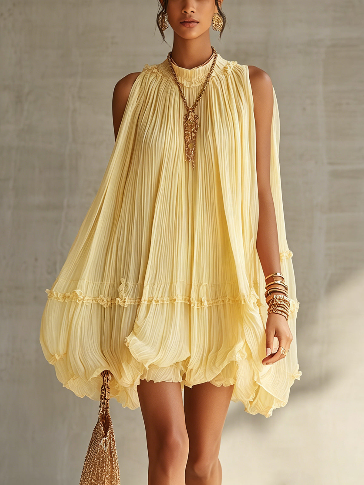 Pink Pleated Chiffon Mini Dress With Ruffled Hem