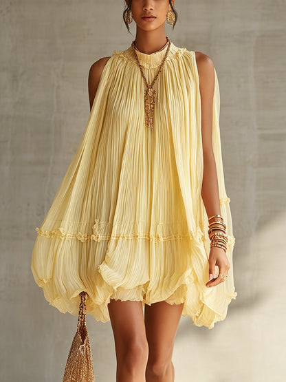 Pink Pleated Chiffon Mini Dress With Ruffled Hem