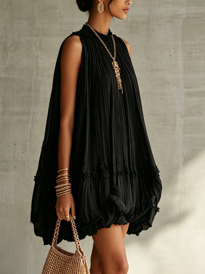 Pink Pleated Chiffon Mini Dress With Ruffled Hem