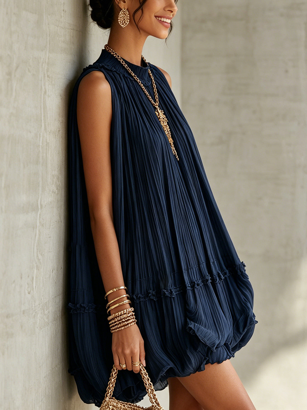 Pink Pleated Chiffon Mini Dress With Ruffled Hem