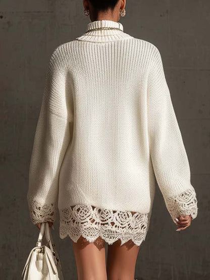 24-Hour-Shipping White Turtleneck Knit Mini Dress With Lace Trim