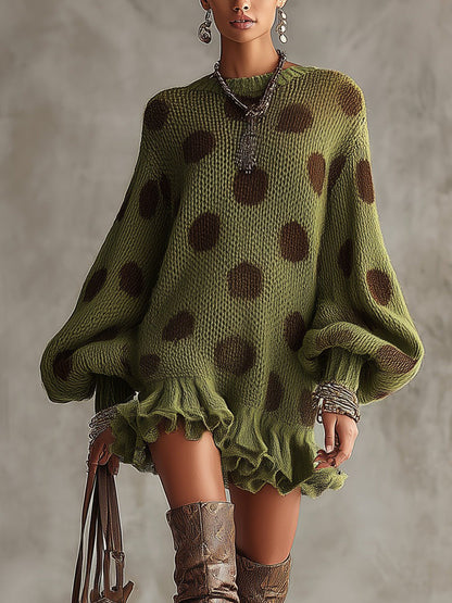 24-Hour-Shipping Green Polka Dot Oversized Knit Sweater Dress With Ruffled Hem