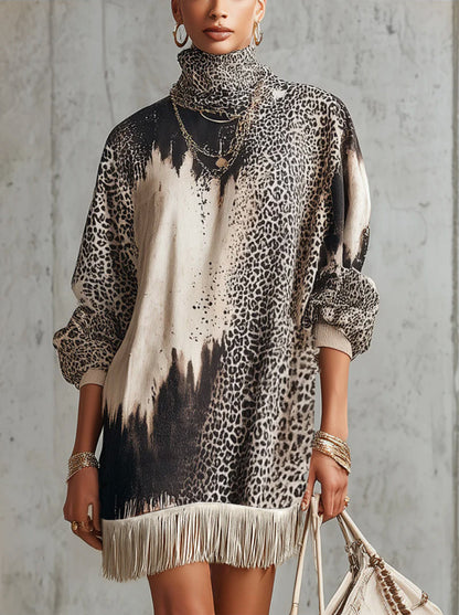 Gray Leopard Print Turtleneck Fringe Hem Faux Suede  Dress