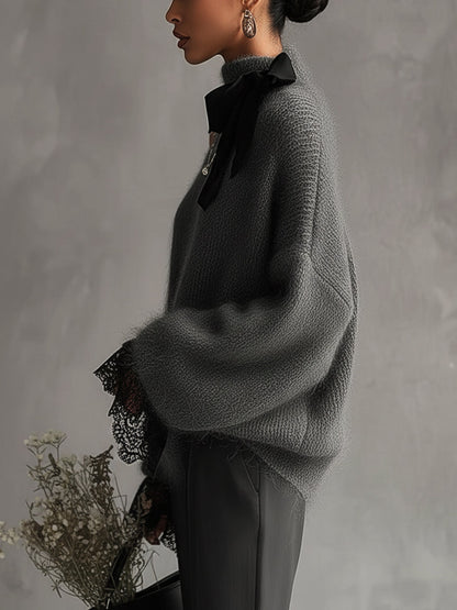 24-Hour-Shipping Gray Mohair Knit Sweater With Lace Cuffs