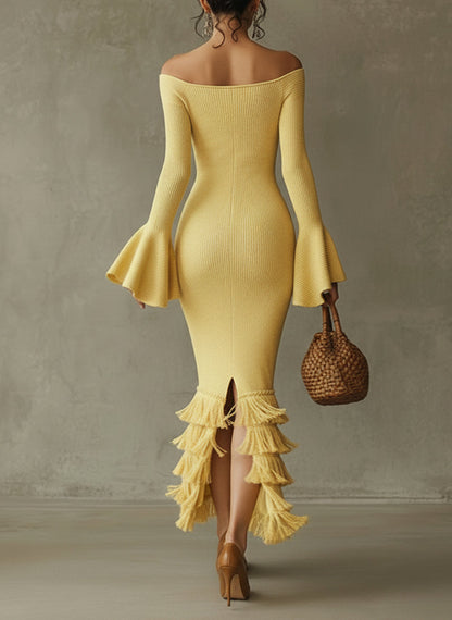Yellow Off Shoulder Fringe Lightweight Knit Bodycon Dress
