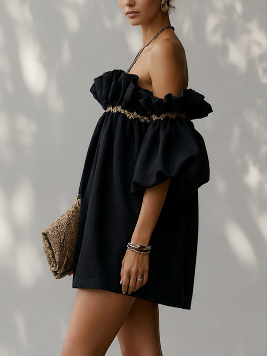 Black Off Shoulder Cotton Linen Mini Dress With Ribbon Patchwork