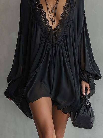Black Chiffon Halter Mini Dress With Lace Neckline