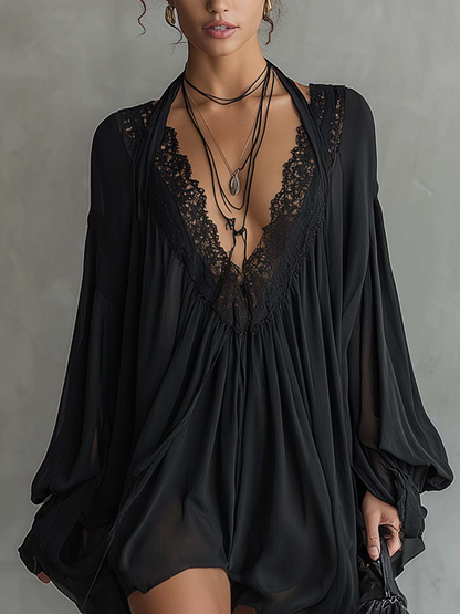 Black Chiffon Halter Mini Dress With Lace Neckline
