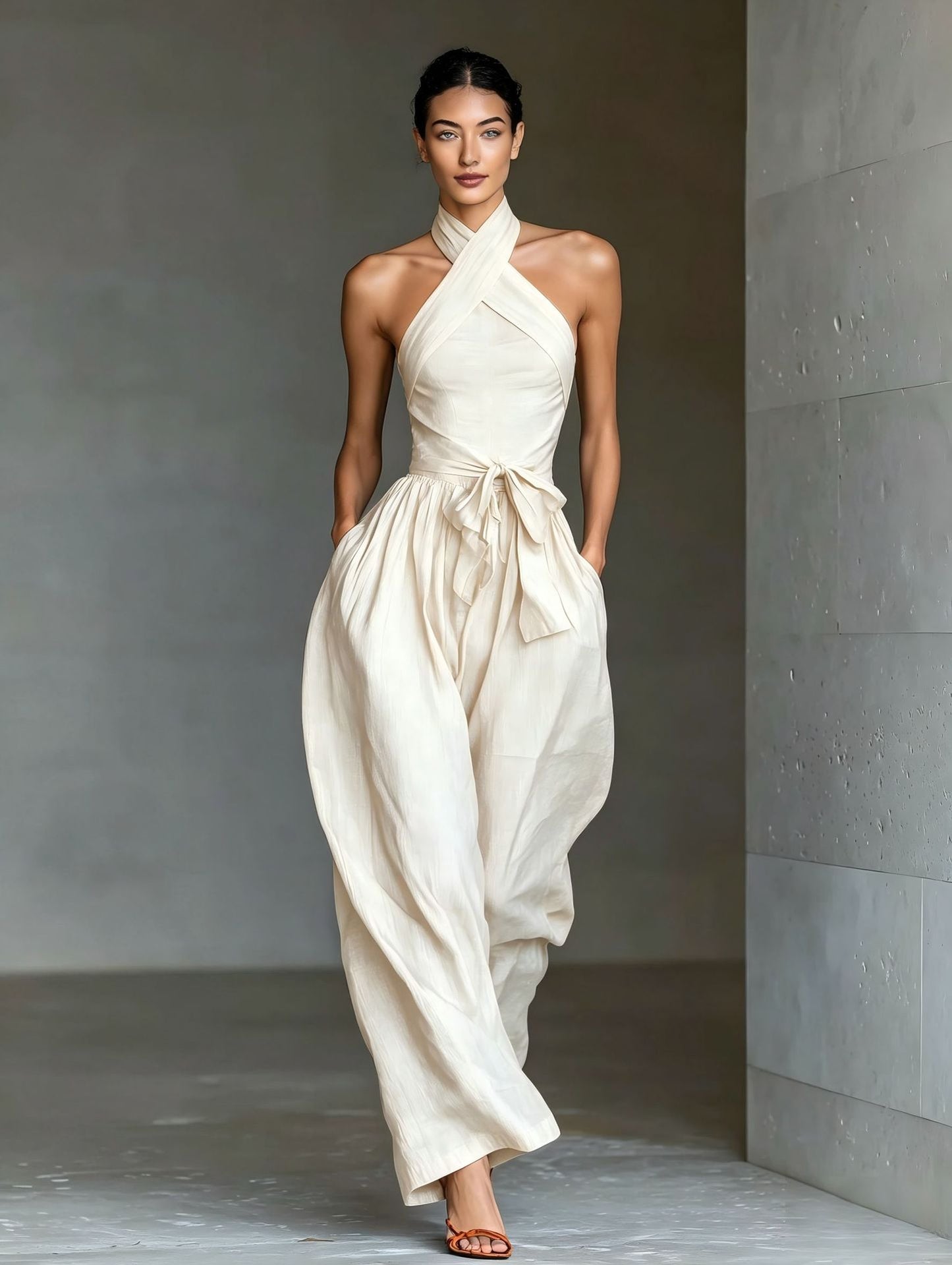 Halter Tie-Waist Linen-Blend Wide Leg Jumpsuit