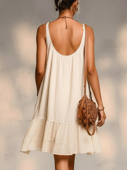 Beige Embroidered Linen Mini Dress