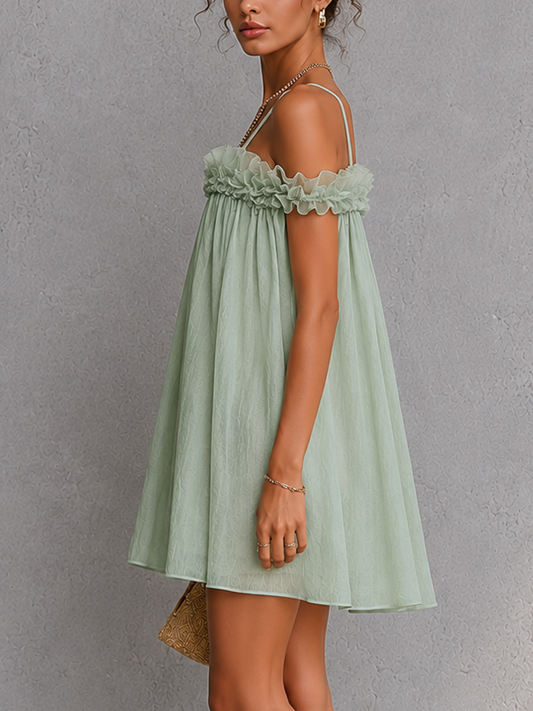Mint Green Textured Ruffle Trim Spaghetti Strap Mini Dress