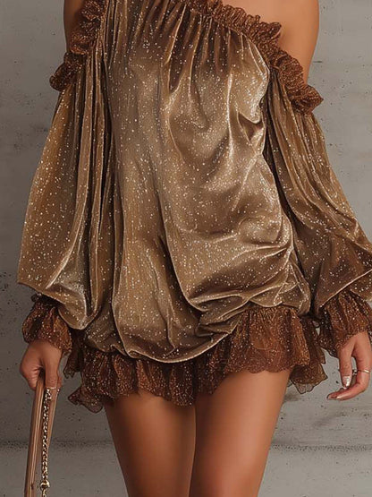 One Shoulder Brown Velvet Mini Dress With Silver Polka Dots