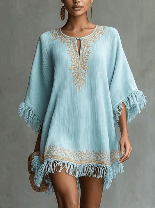 Vintage Embroidered Sky Blue Textured Fringe Mini Dress