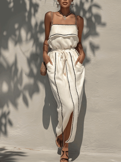 White Cotton Linen Two-Piece Set With Black Trim