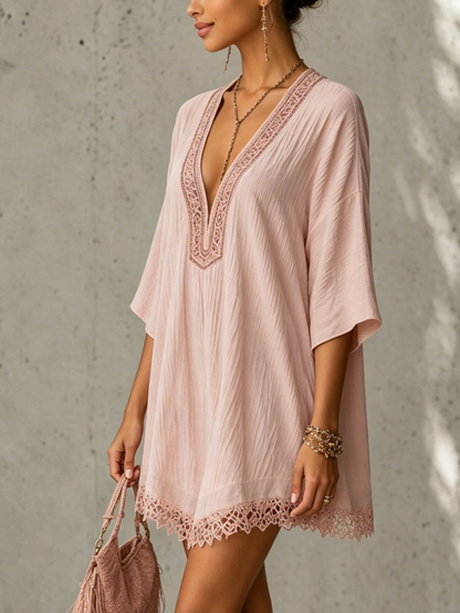 Pink Textured Embroidered Lace Mini Dress