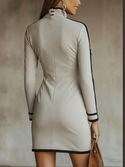 24-Hour-Shipping Gray Faux Suede Mock Neck Mini Dress With Zip Sleeve Detail